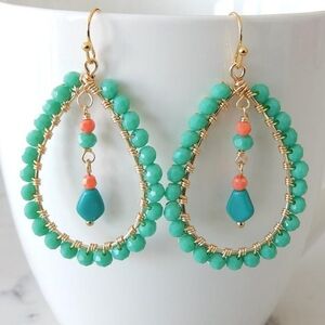 Gold and Turquoise Beaded Hoop Earrings